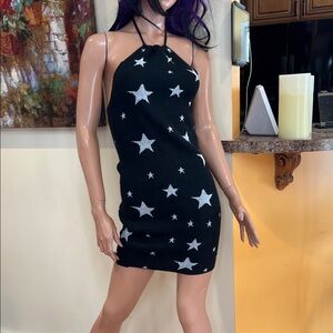 Black Star Print Halter bodycon mini sweater S Dress NWOT